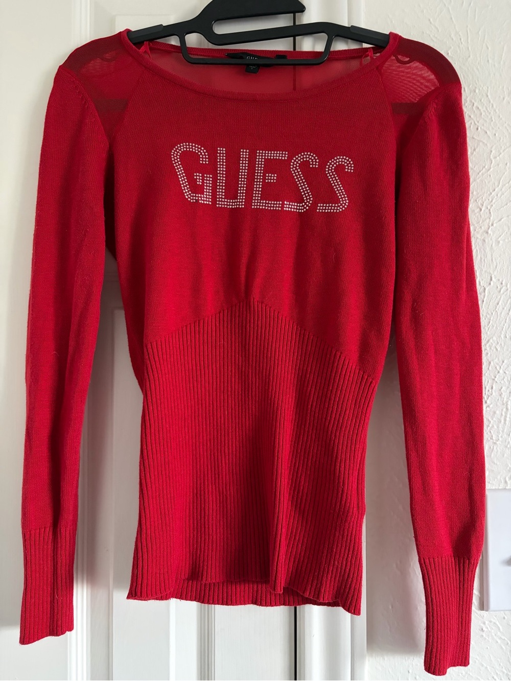 Y2K Vintage GUESS Red Rhinestone Logo Scoop Neck Sweater